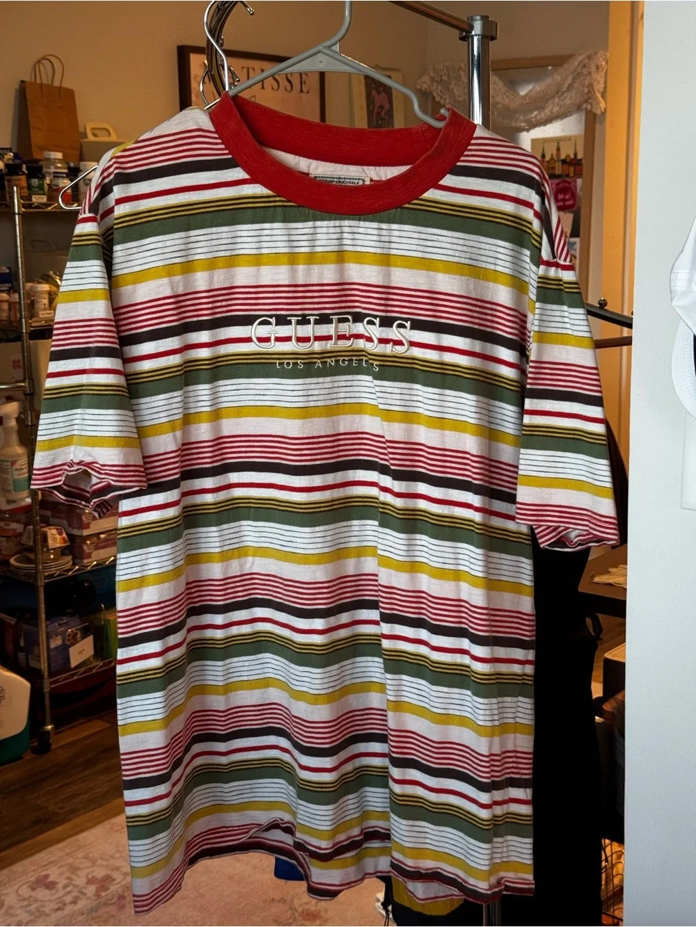 Vintage Guess Striped Logo Tee in Red, Olive & Yellow - Picture 1 of 4
